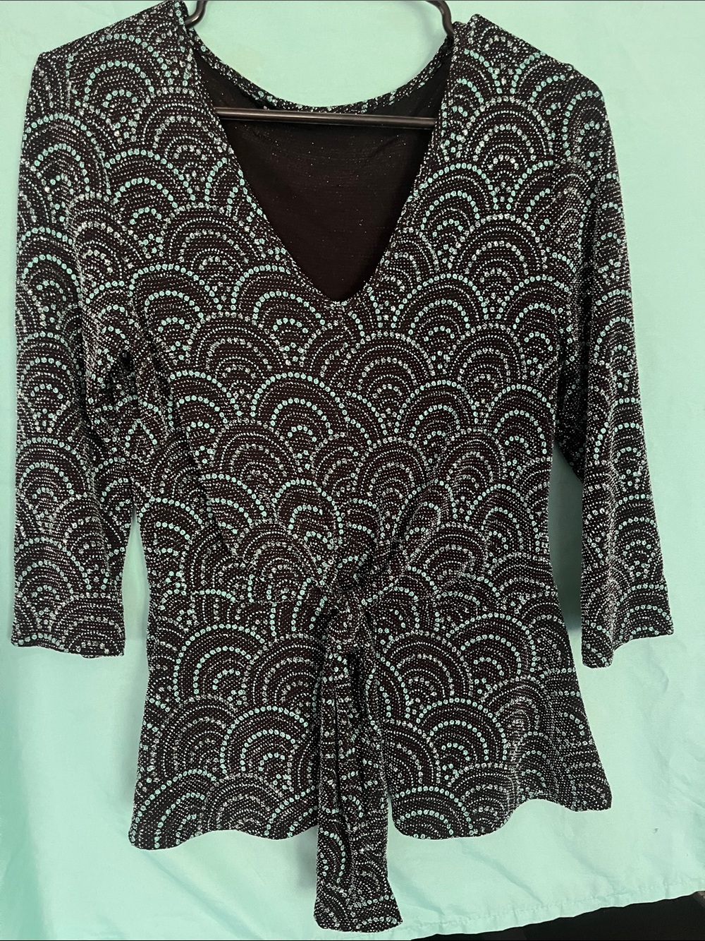 mercer & madison Black and Aqua Dot-Arch V-Neck Faux-Wrap Top